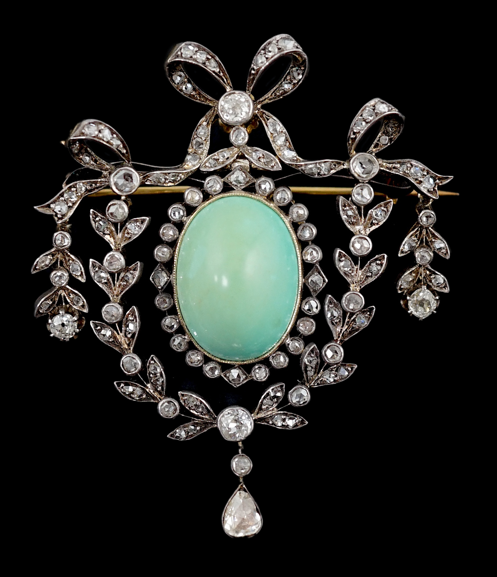 An Edwardian gold and silver, diamond and turquoise set drop pendant brooch
